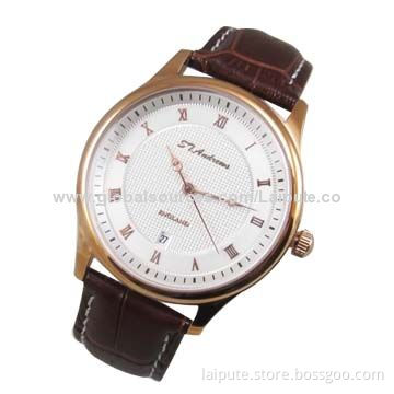 2014 New Arrival IPG Plating Multifunction Quartz Date Display Watch with Genuine Leather Watchband